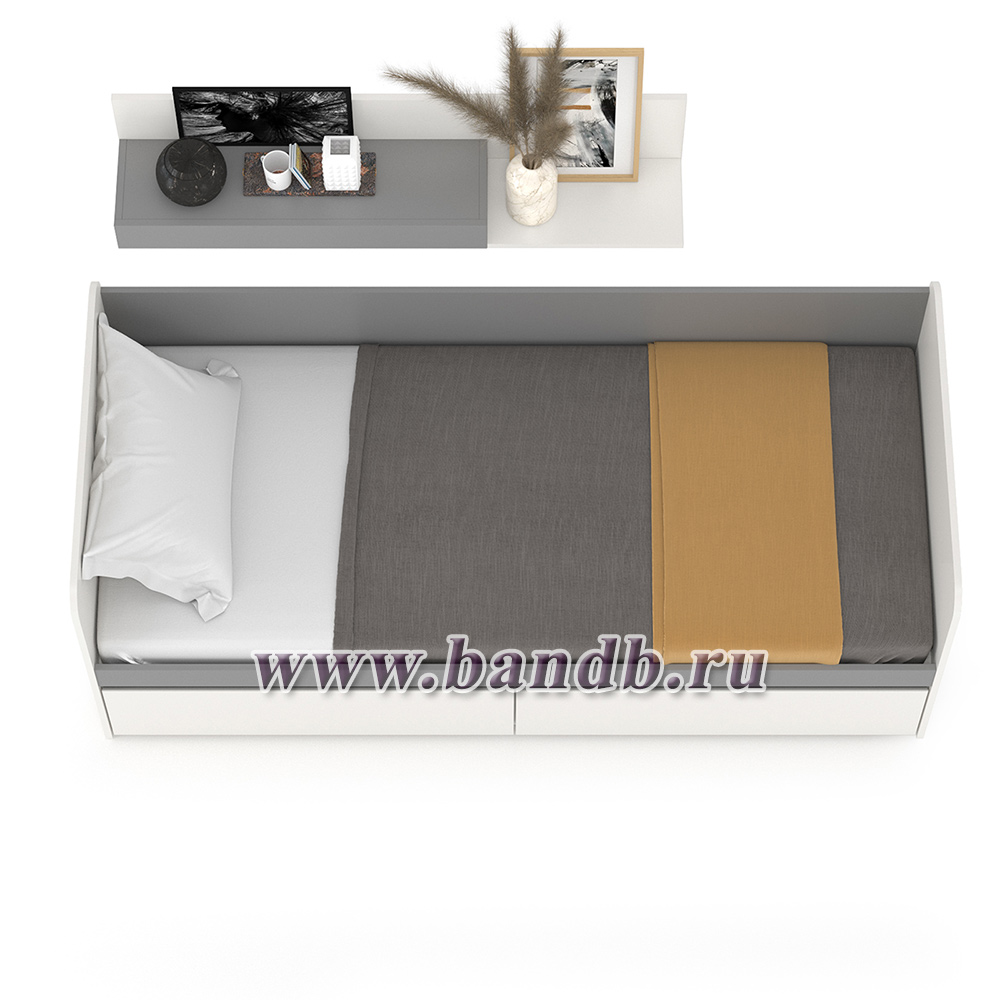 Детская кровать с ящиками Торонто с открытой полкой цвет белый шагрень/стальной серый Картинка № 3