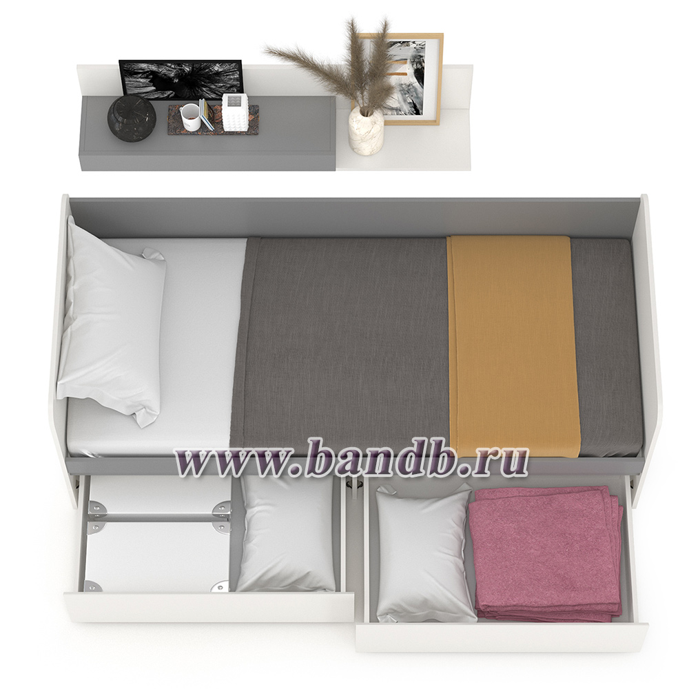 Детская кровать с ящиками Торонто с открытой полкой цвет белый шагрень/стальной серый Картинка № 4